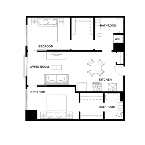 Floor plan for 2 beds, 2 baths, 1068 sqft